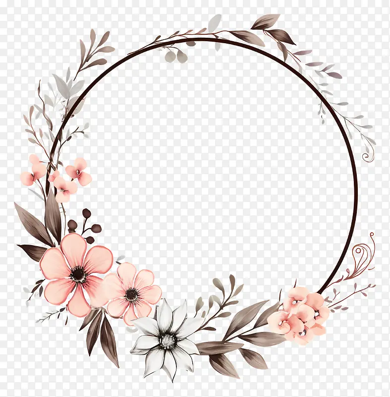 花框-带粉色,白色,绿色花朵的圆形花框