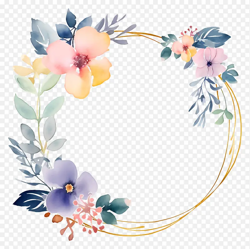 水彩花环-彩色花环与金色框架