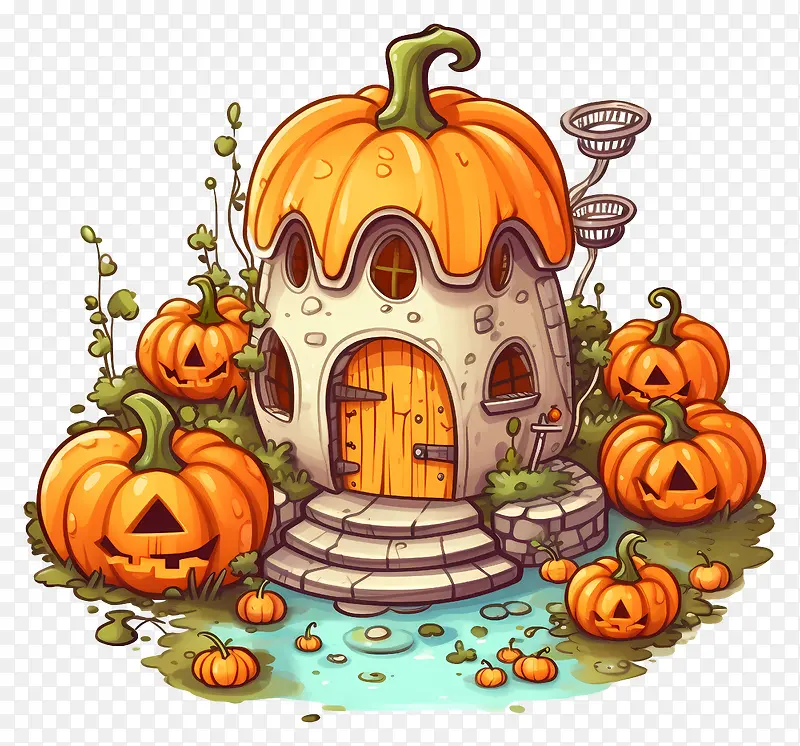 小屋-古色古香的小屋,周围环绕着南瓜和小溪