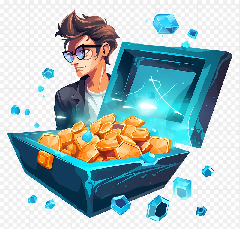 卡通插图-穿着西装的卡通男人着迷于打开的钻石箱