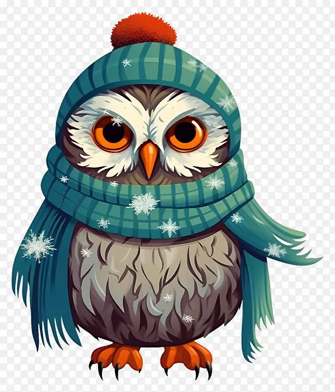 可爱的猫头鹰-戴着蓝色围巾和帽子的可爱雪鸮