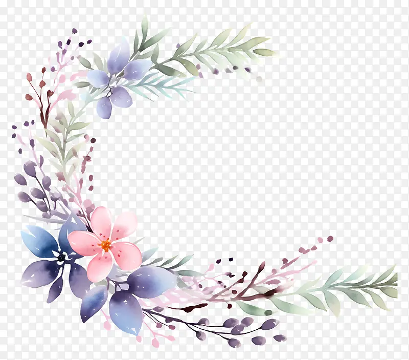水彩花环-黑色背景和各种花朵的水彩花环
