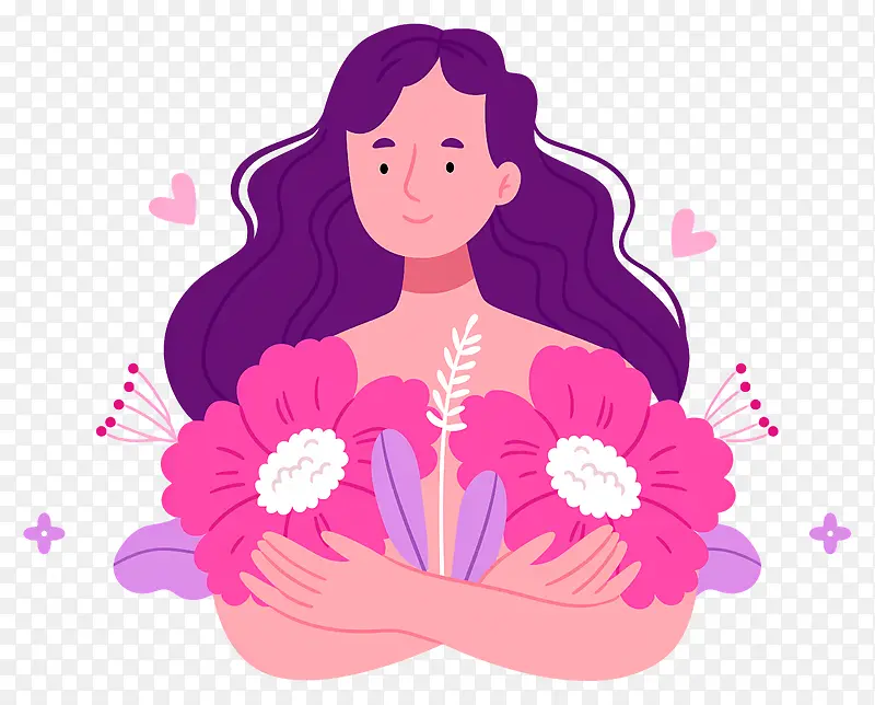 长卷发的女人—卷发的女人拿着粉红色的花朵,平静而满足
