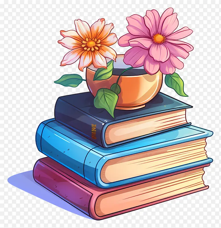 书籍-塑料花瓶中插有混合花朵的彩色书籍