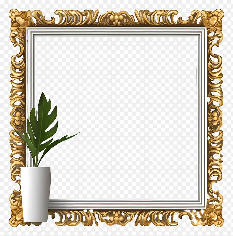 金框镜子-前景有植物的金框镜子