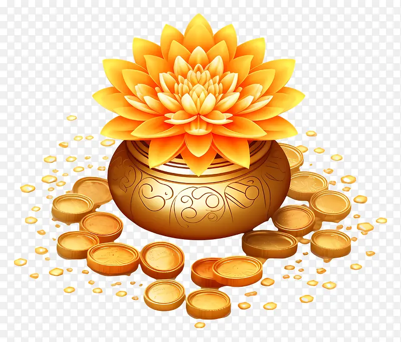 金罐-装满硬币和莲花的金罐
