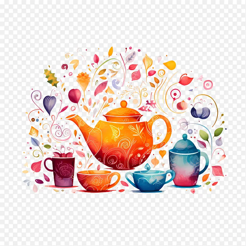 国际茶日-国际茶日茶壶茶杯鲜花叶子