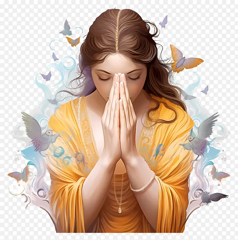 穿着橙色连衣裙的女人—穿着橙色连衣裙的女人,双手祈祷,周围环绕着蝴蝶