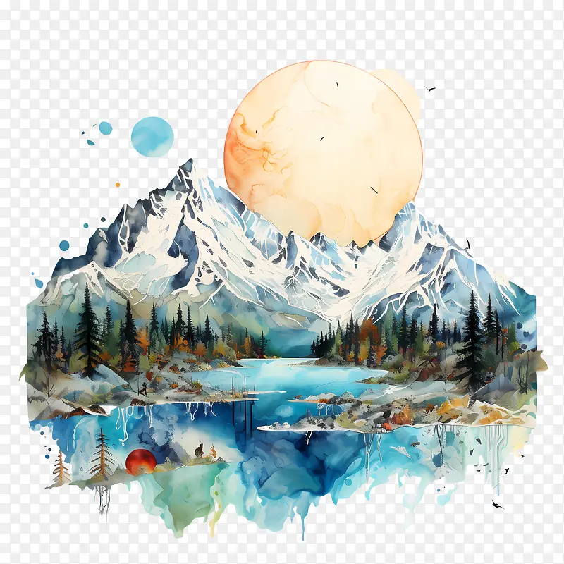 阿拉斯加日-阿拉斯加日山地景观水彩森林雪山