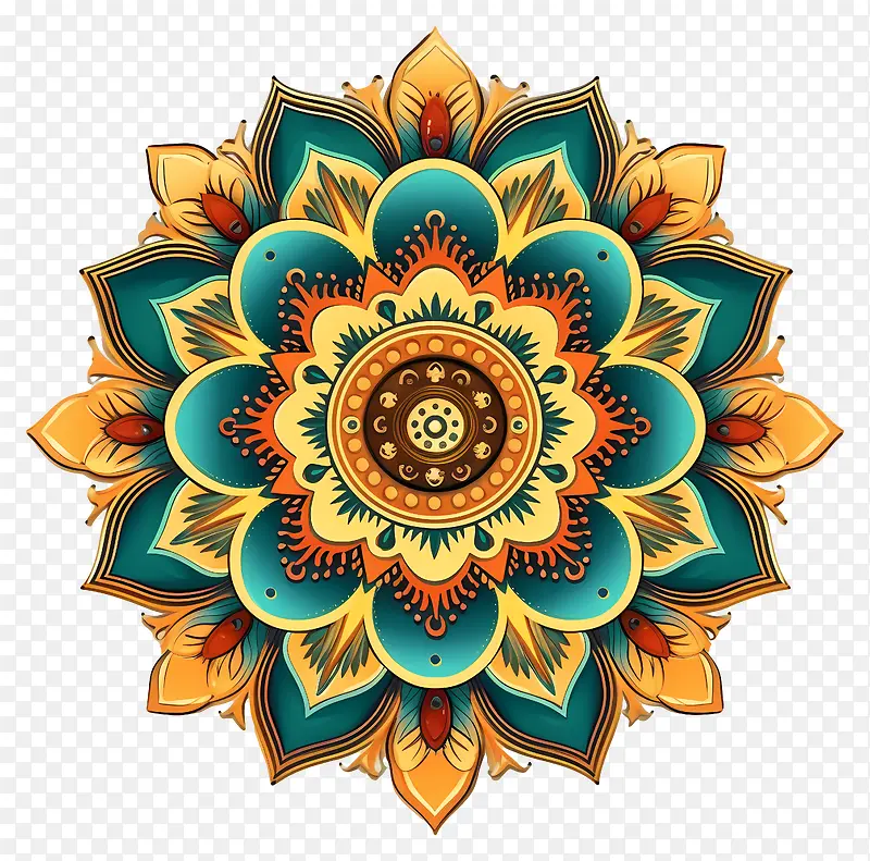 曼陀罗-黑色背景上带有黄色,蓝色,金色和棕色花瓣和叶子的圆形花卉曼陀罗