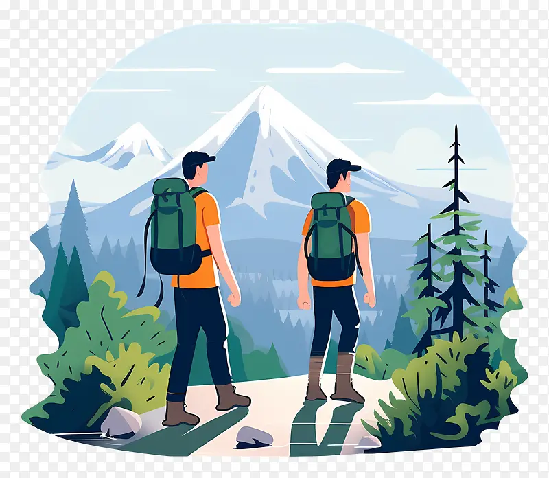 徒步旅行—两名徒步旅行者欣赏森林和山景