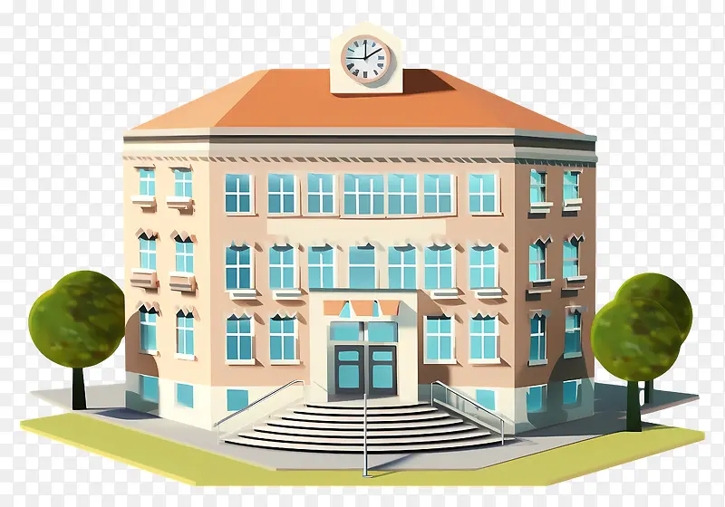 3D建筑模型-带时钟的两层建筑3D模型