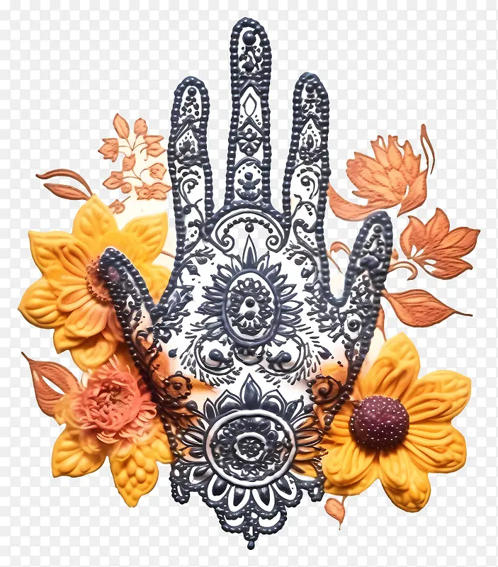 手绘-复杂的手被鲜花和藤蔓包围