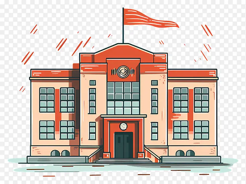 建筑—带旗帜,钟楼,窗户的橙色建筑