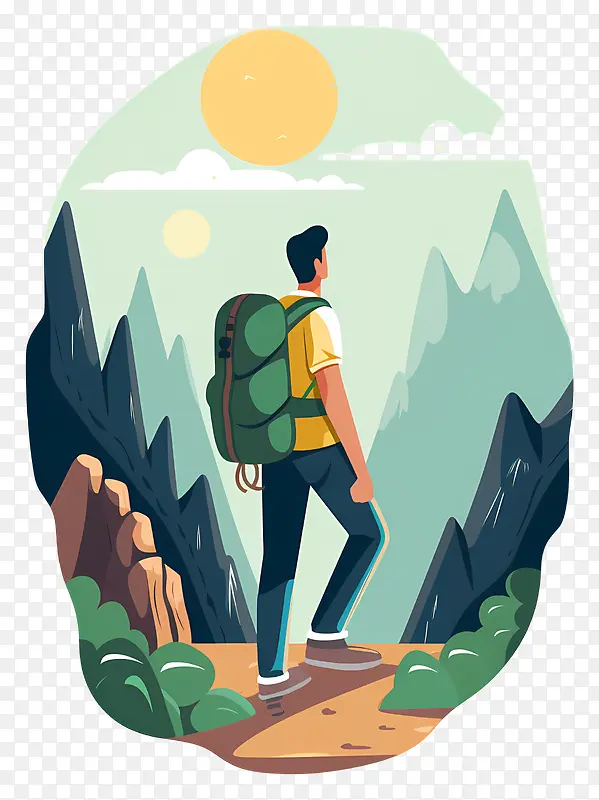 徒步旅行—男子背着背包在风景秀丽的山景中徒步旅行
