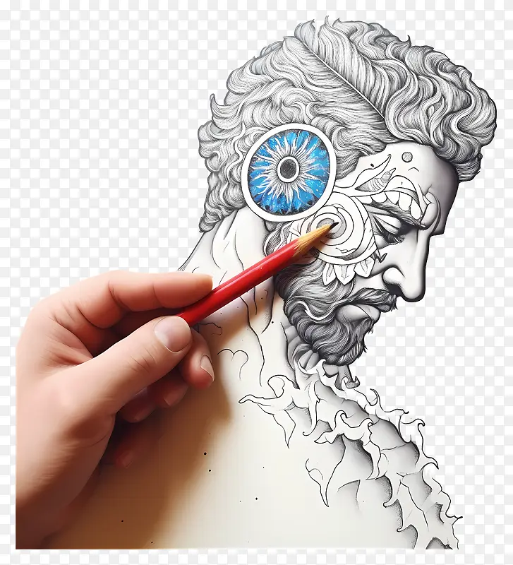 肖像画-拿着红色铅笔的有详细表情的人