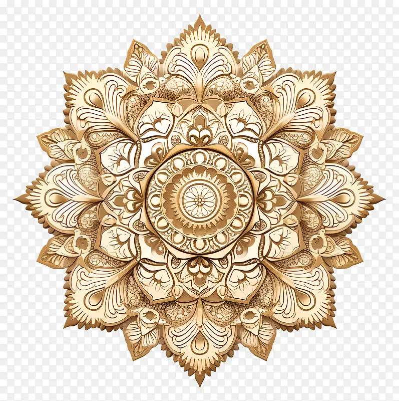 花卉设计—黑色背景上的金色花卉曼荼罗,错综复杂的优雅
