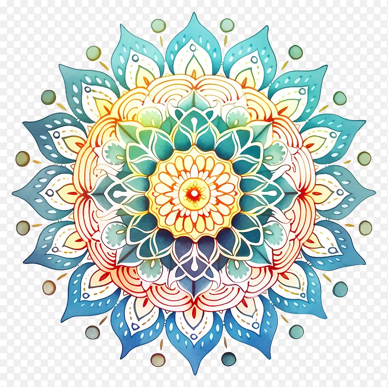曼陀罗-彩色圆形曼陀罗,中央有白花
