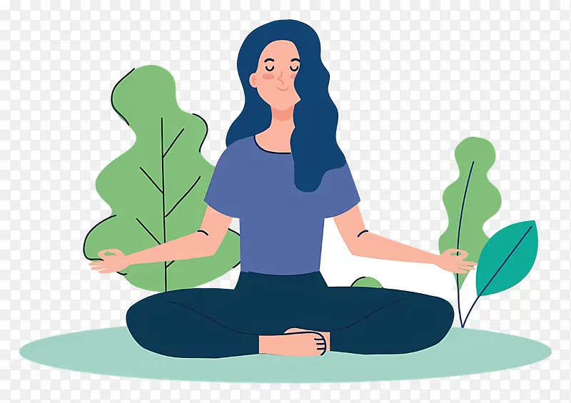 瑜伽-女人在绿树环绕的草地上冥想