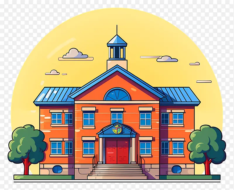 学校建筑—公园环境中设有钟楼的砖砌校舍
