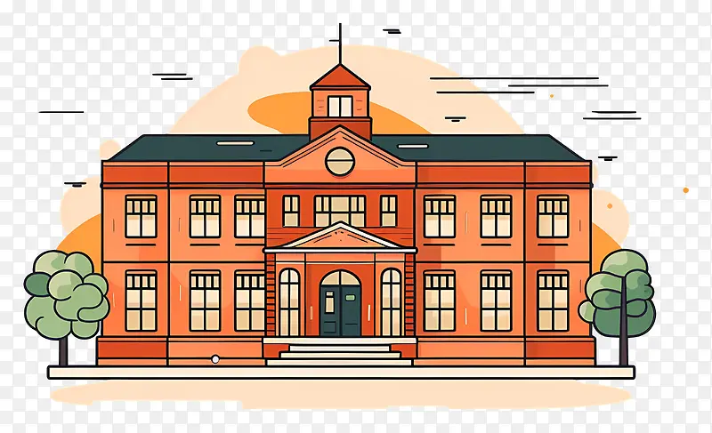 红砖建筑-带玻璃窗,尖顶和木门廊的红砖建筑的详细图像