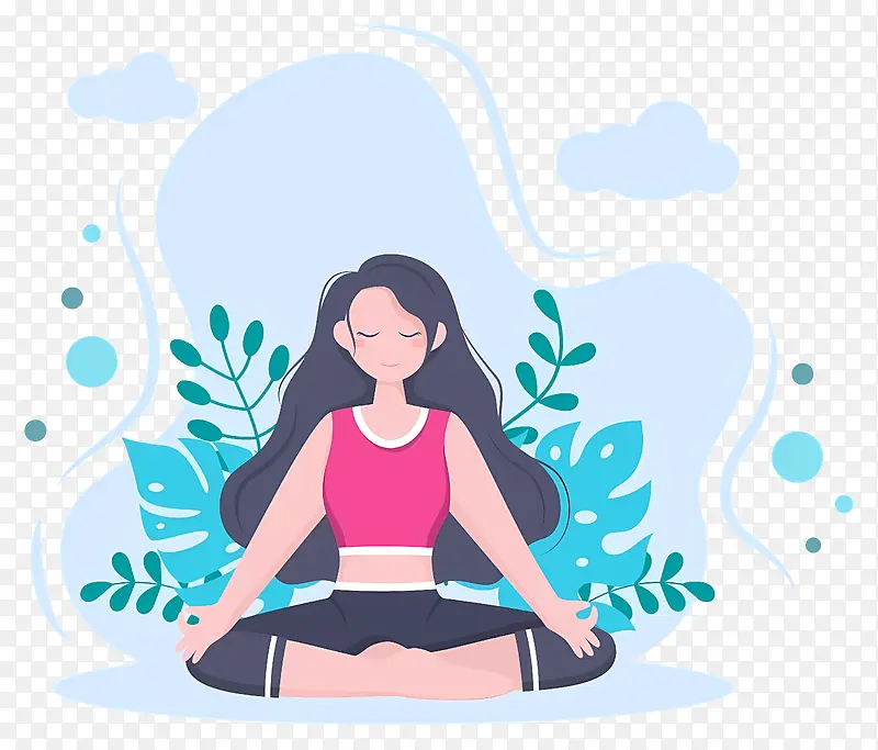 瑜伽—坐在瑜伽中被大自然包围的平静女人