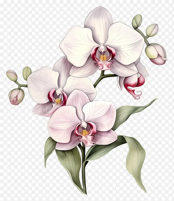 兰花-一组带有粉红色,绿色叶子的白色兰花