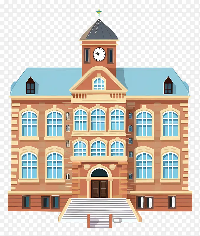 公立学校—带钟楼和阳台的大型棕色建筑