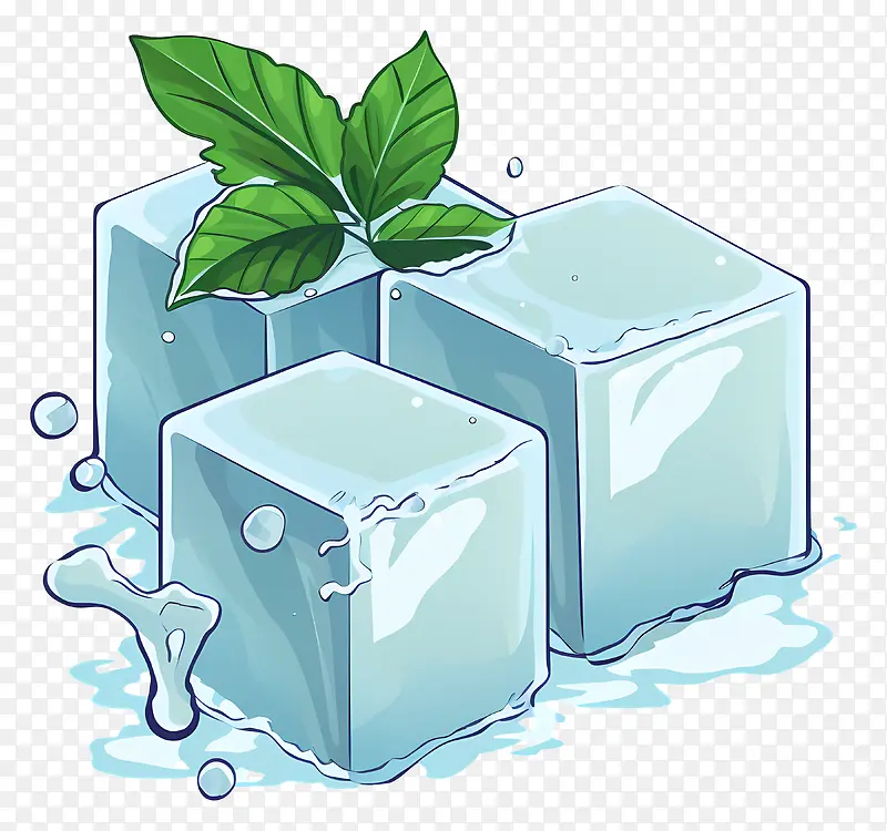 冰块-融化的冰块与植物,叶子和空虚