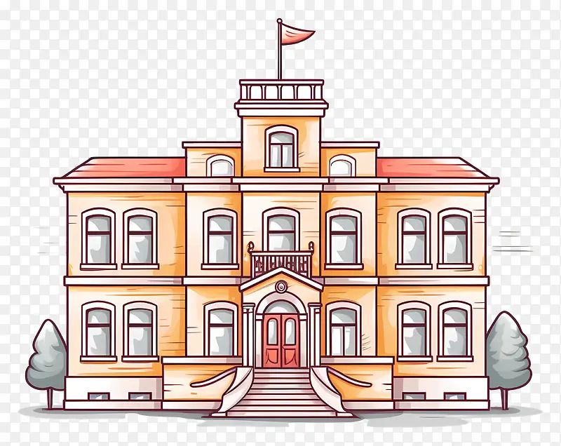 学校-带有大入口和阳台的柱状建筑
