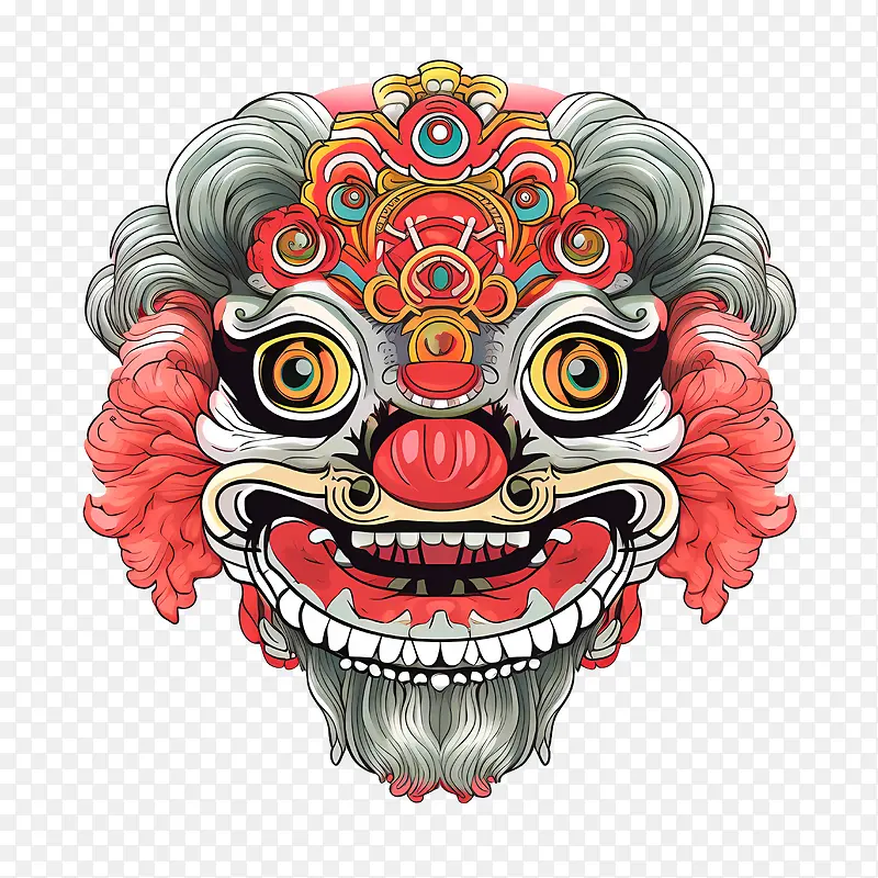 中国舞狮头-中国舞狮头印度面具红色和金色配色方案装饰元素传统设计