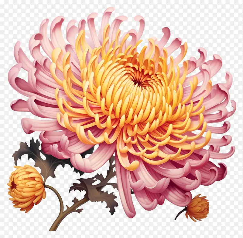 菊花-充满活力的粉红色菊花与茎的图像