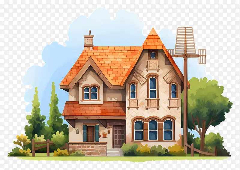 两层楼的住宅—带红色屋顶和门廊的乡村住宅