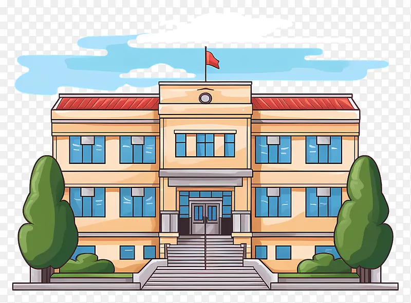 棕色建筑—带旗帜和树木的大型棕色建筑