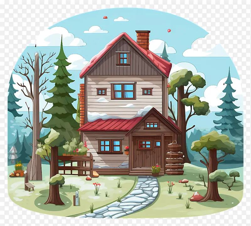 小木屋—森林里的小木屋,红屋顶