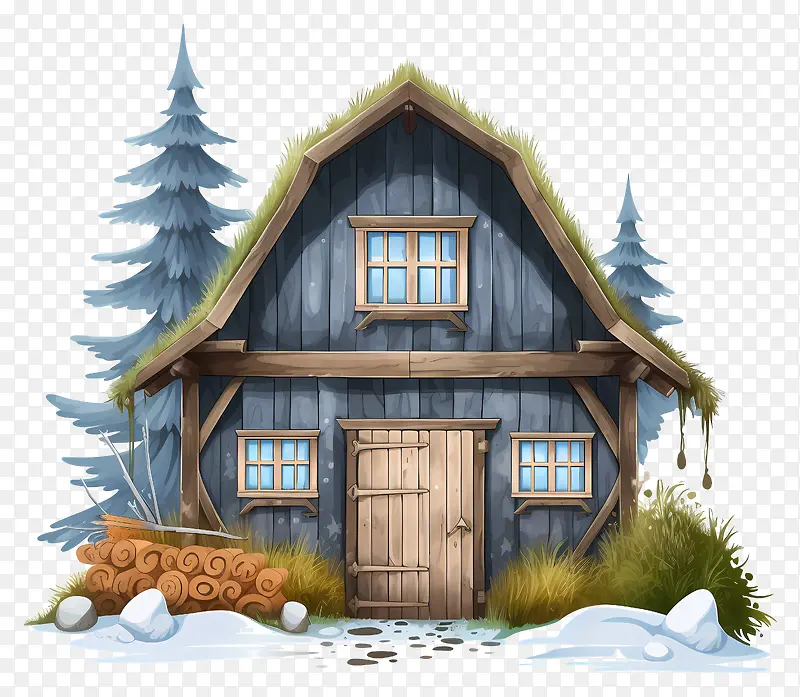 树林中的小屋-白雪皑皑的树林中带柴火堆的舒适小屋