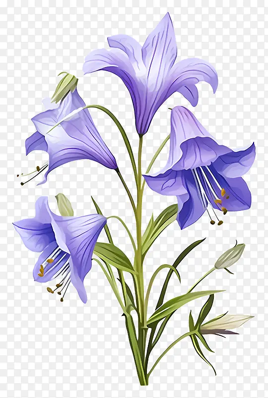 蓝色花-黑色背景上绿色中心的逼真蓝色花