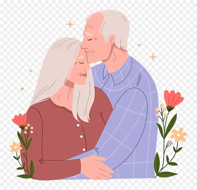 老夫妇—快乐的老夫妇在花卉背景中拥抱