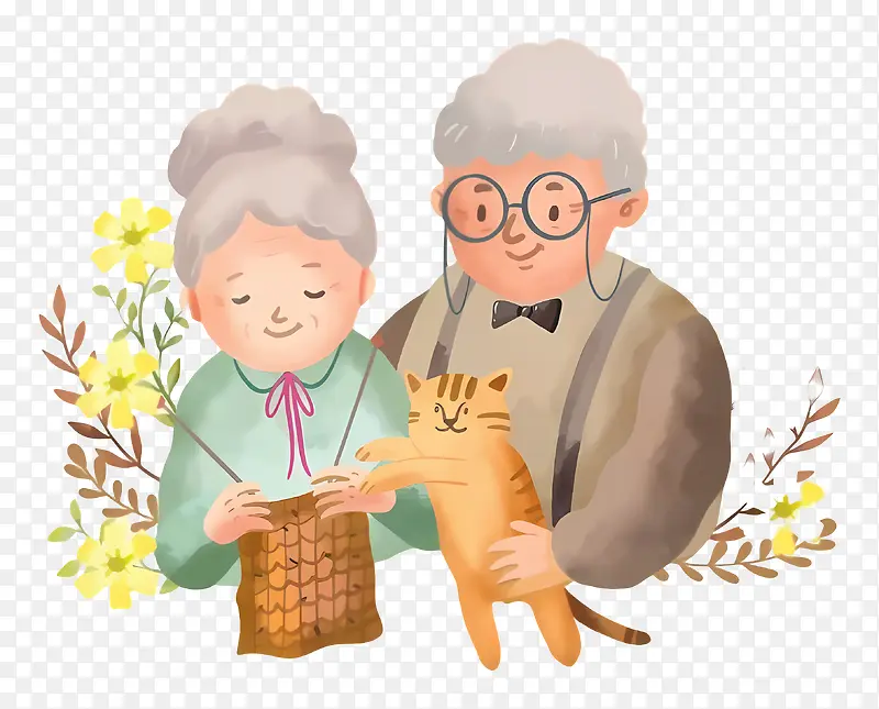 老夫妇—老夫妇幸福地坐在猫和花旁边