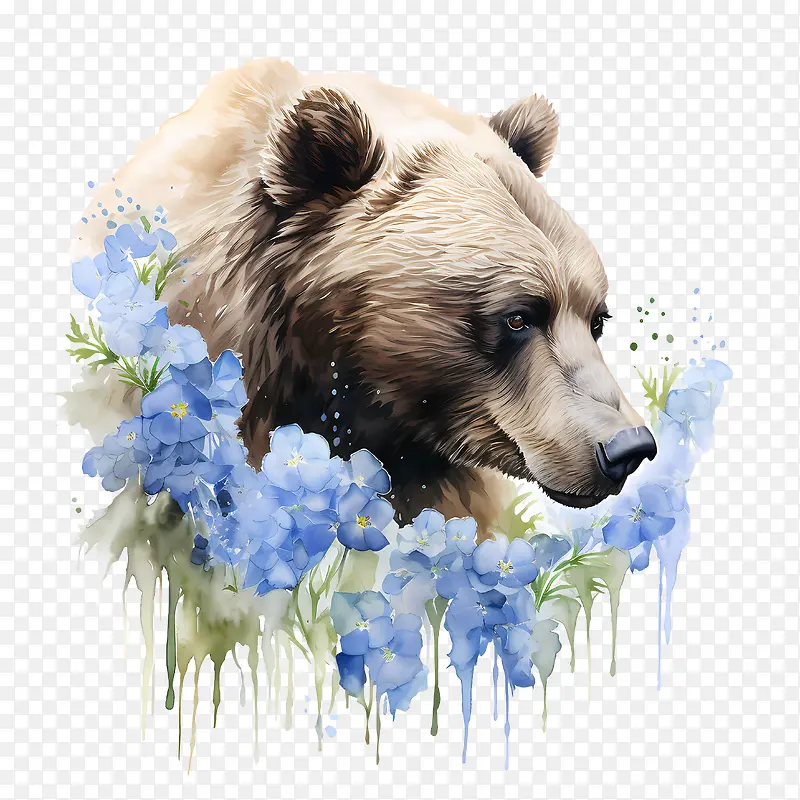 灰熊-灰熊熊水彩自然花朵