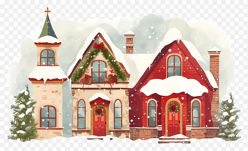 圣诞场景—红砖建筑和雪树的圣诞场景