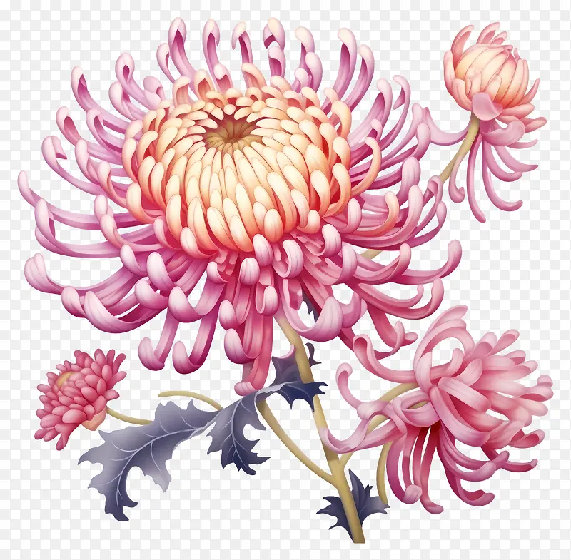 粉红菊花-层叠花束中的粉红菊花与透明花瓶