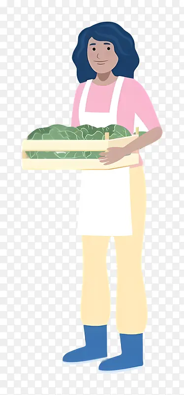 卡通插图-拿着绿色蔬菜容器的女人,卡通