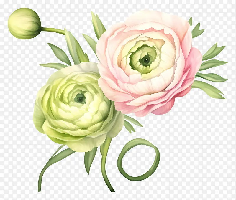 牡丹花-两朵盛开的粉色和绿色牡丹花