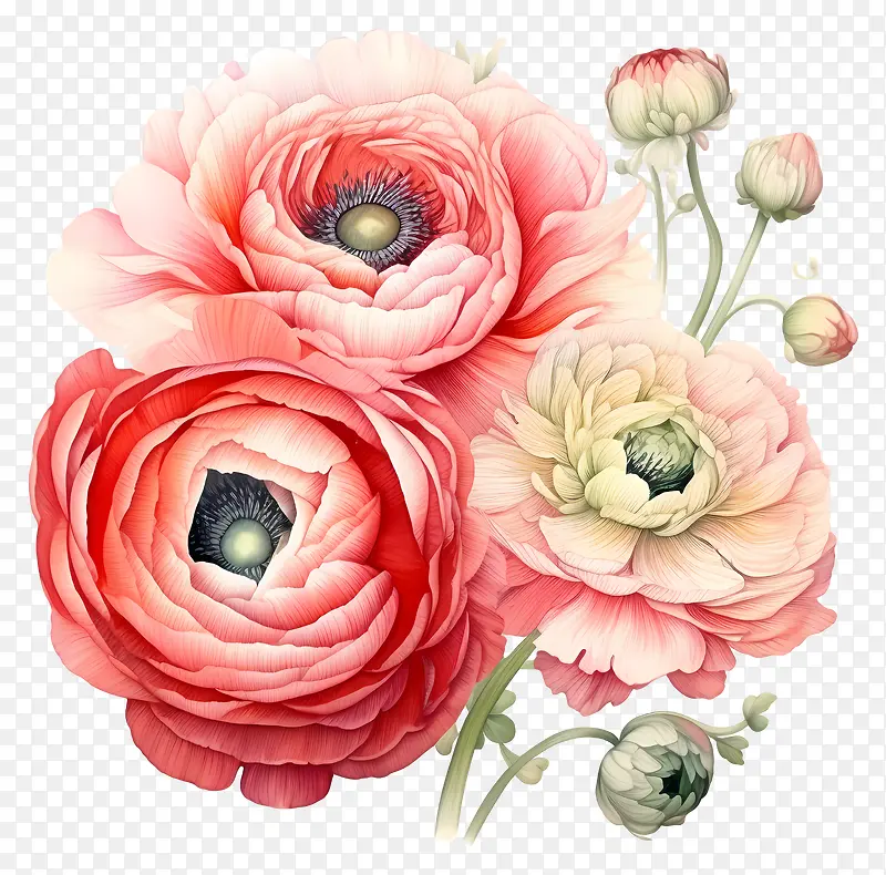 水彩花束-粉红色和白色花朵的水彩花束