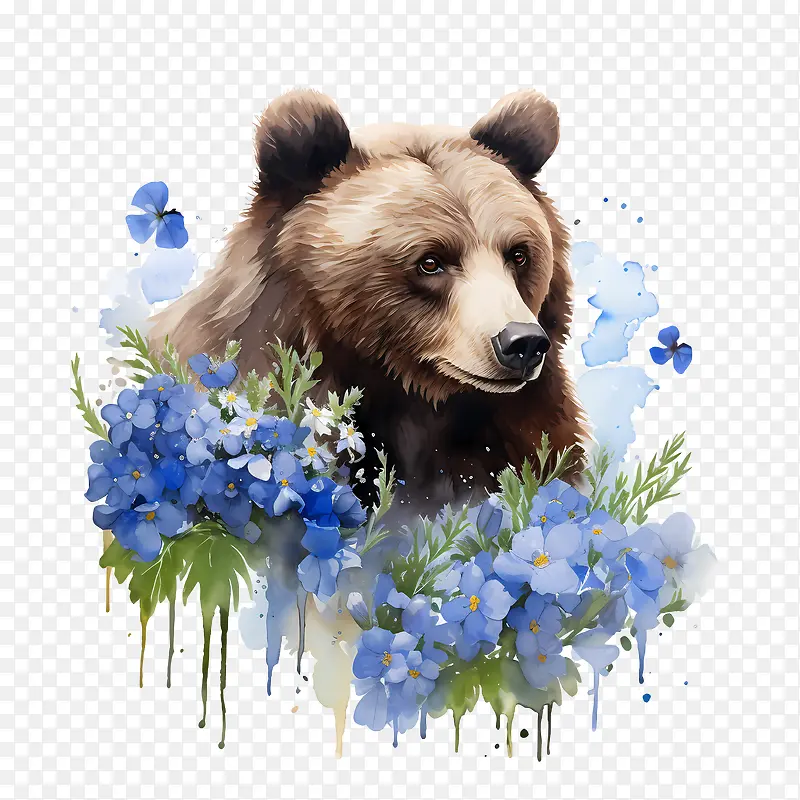 灰熊-灰熊熊花水彩荒野