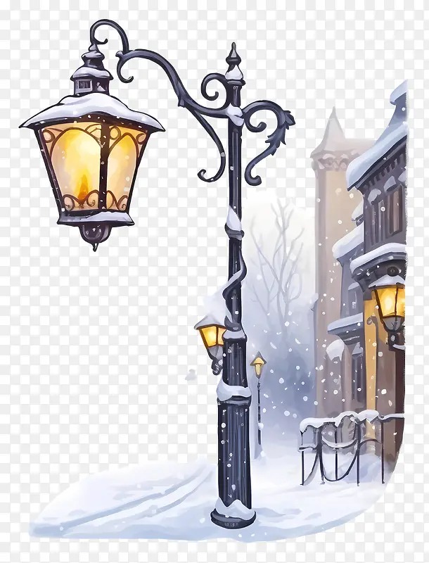 城市景观-哥特式城市景观,有白雪覆盖的街道和建筑物