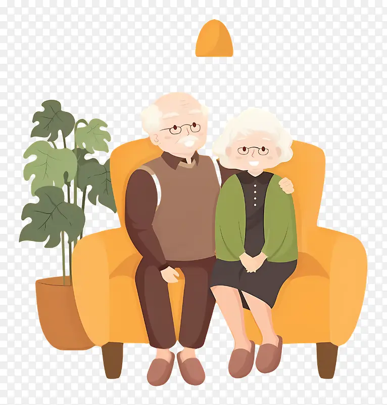 老夫妇—快乐的老夫妇坐在橙色沙发上
