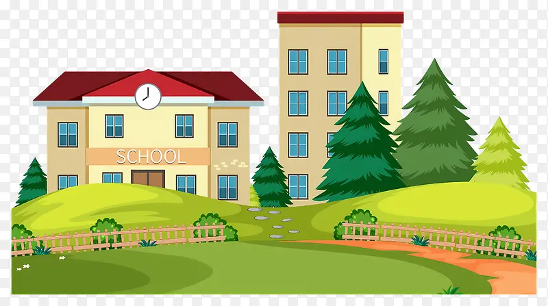 卡通学校-宁静的学校建筑,钟楼周围环绕着树木PNG图片素材下载_图片编号11407102-PNG素材网