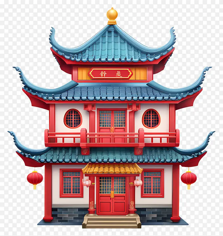 中国新年—具有色彩缤纷的门面和花园的传统中国建筑PNG图片素材下载_图片编号11412420-PNG素材网